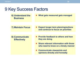 9 Key Success Factors
7/27/2013 22
6) Understand the
Business
 What gets measured gets managed
7) Maintain Focus  Expect longer term planning/actions
and continue to focus on priorities
8) Communicate
Effectively
 Provide feedback to others and how
they are doing
 Share relevant information with those
who need to know on a timely manner
 Communicate viewpoints and
opinions directly and honestly
 