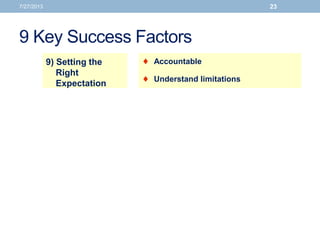 9 Key Success Factors
7/27/2013 23
9) Setting the
Right
Expectation
 Accountable
 Understand limitations
 
