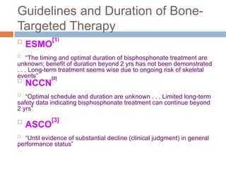 Guidelines and Duration of Bone-
Targeted Therapy

ESMO
[1]

“The timing and optimal duration of bisphosphonate treatment are
unknown; benefit of duration beyond 2 yrs has not been demonstrated
. . . Long-term treatment seems wise due to ongoing risk of skeletal
events”

NCCN
[2]

“Optimal schedule and duration are unknown . . . Limited long-term
safety data indicating bisphosphonate treatment can continue beyond
2 yrs”

ASCO
[3]

“Until evidence of substantial decline (clinical judgment) in general
performance status”
 
