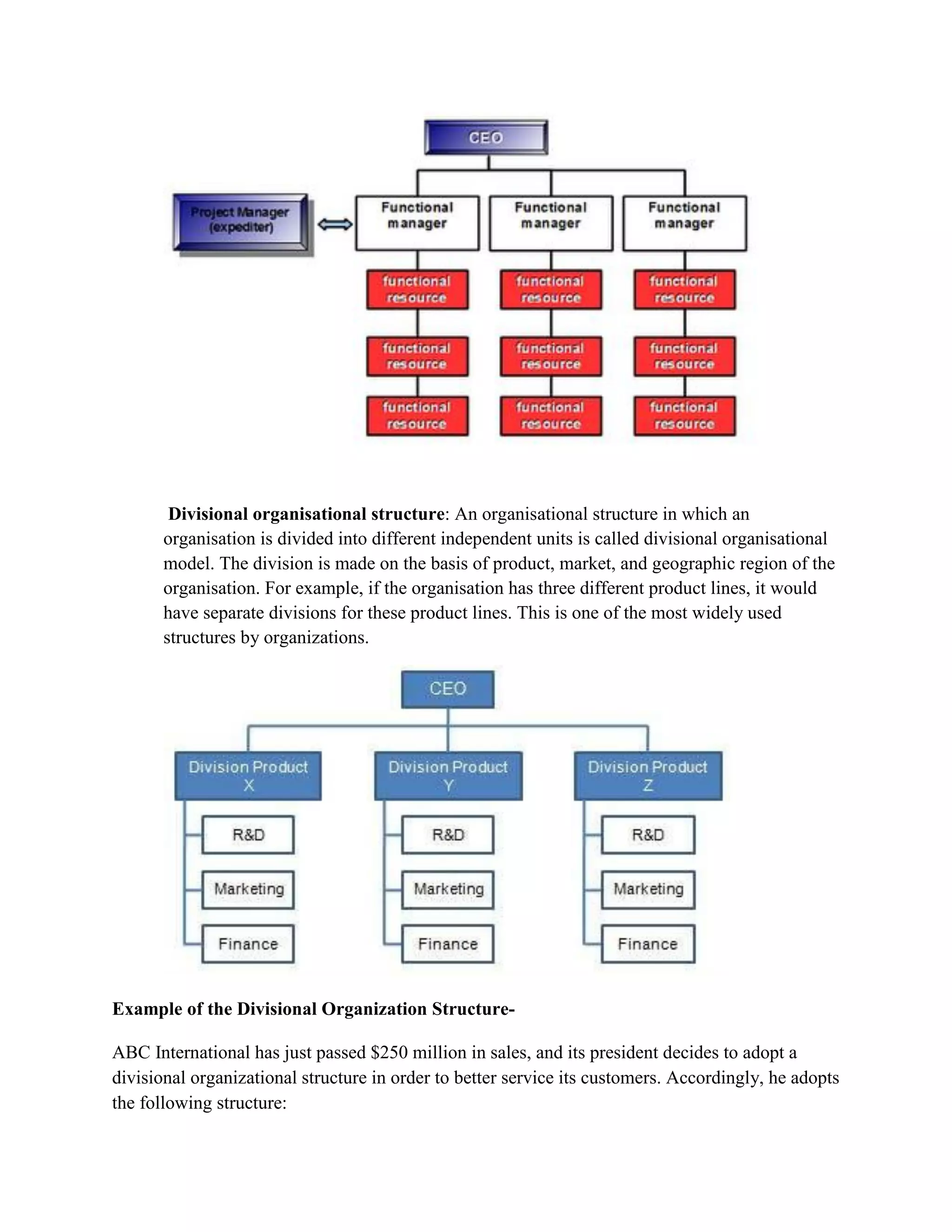 Divisional organisational structure: An organisational structure in which an
organisation is divided into different independent units is called divisional organisational
model. The division is made on the basis of product, market, and geographic region of the
organisation. For example, if the organisation has three different product lines, it would
have separate divisions for these product lines. This is one of the most widely used
structures by organizations.
Example of the Divisional Organization Structure-
ABC International has just passed $250 million in sales, and its president decides to adopt a
divisional organizational structure in order to better service its customers. Accordingly, he adopts
the following structure:
 