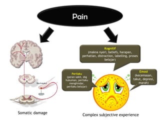 Complex subjective experience
Emosi
(kecemasan,
takut, depresi,
marah)
Perilaku
(peran sakit, sbg
hukuman, perilaku
menghindar,
perilaku belajar)
Kognitif
(makna nyeri, beliefs, harapan,
perhatian, distraction, labelling, proses
belajar)
Somatic damage
Pain
 