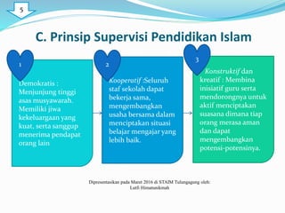 C. Prinsip Supervisi Pendidikan Islam
Demokratis :
Menjunjung tinggi
asas musyawarah.
Memiliki jiwa
kekeluargaan yang
kuat, serta sanggup
menerima pendapat
orang lain
Kooperatif :Seluruh
staf sekolah dapat
bekerja sama,
mengembangkan
usaha bersama dalam
menciptakan situasi
belajar mengajar yang
lebih baik.
Konstruktif dan
kreatif : Membina
inisiatif guru serta
mendorongnya untuk
aktif menciptakan
suasana dimana tiap
orang merasa aman
dan dapat
mengembangkan
potensi-potensinya.
1 2
3
Dipresentasikan pada Maret 2016 di STAIM Tulungagung oleh:
Lutfi Himatunikmah
5
 