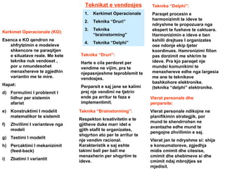 Teknikat e vendosjes Kerkimet Operacionale Teknika “Druri” Teknika “brainstorming” Teknika “Delphi” Kerkimet Operacionale (KO): Esenca e KO qendron ne shfrytzimin e modeleve shkencore ne paraqitjen e situatave reale. Me kete teknike nuk vendoset , por u nmundesohet menaxhereve te zgjedhin variantin me te mire. Hapat: Formulimi I problemit I lidhur per sistemin afarist Konstruktimi I modelit matematikor te sistemit Zhvillimi I varianteve nga modeli Testimi I modelit Percaktimi I mekanizimit (feed-back) Zbatimi I variantit Teknika “Druri”: Harte e cila perdoret per vendime ne vijim, pra te njepasnjeshme teproblemit te vendosjes. Perparsit e saj jane se kalimi prej nje vendimi ne tjetrin ende pa arritur te faza e implementimit. Teknika “Brainstorming”: Respekton kreativitetin e te gjitheve duke marr idet e gjith stafit te organizates, shqyrton ato per te arritur te nje vendim racional. Karakteristik e saj eshte takimi ball per ball me menaxherin per shqyrtim te ideve. Teknika “Delphi”: Paraqet procesin e harmonizimit te ideve te ndryshme te propozuara nga ekspert te fushave te caktuara. Harmonizimin e ideve e ben kshilli drejtues I organizates ose ndonje ekip tjeter koordinues. Hamronizimi fillon pas dorzimit me shkrim te ideve. Pra kjo paraqet nje mundsi komunikimi te menaxhereve edhe nga largesia me ane te teknikave bashkohore elektronike.(teknika “delphi” elektronike. Vlerat personale dhe perparsite: Vlerat personale ndikojne ne planifikimin strategjik, por mund te shendrrohen ne avantazhe edhe mund te pengojne zhvillimin e saj. Vlerat jan te ndryshme si: shija e konsumatoreve, zgjedhja midis cmimit dhe cilesise, cmimit dhe shebimeve si dhe cmimit ndaj mbrojtjes se mjedisit. 
