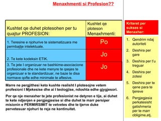 Menaxhmenti si Profesion?? Marre ne pergjithesi keto kushte realisht I plotesojne vetem profesioni I Mjekesise dhe ai I teologjise, ndoshta edhe gjygjesori. Por qe nje menaxher te jete profesionist ne detyren e tije, ai duhet te kete ndjenjen e pergjegjesise si dhe duhet te marr persiper misionin e PERMIRSIMIT te vetvetes dhe te tjerve duke pervetesuar njohuri te reja ne kontinuitet. Kriteret per sukses si Menaxher: Qendrim ndaj autoriteti Deshira per gare Deshira per t’u treguar Deshira per zotesi Deshira per te qene para te tjereve Pergjegjesia perkatesisht gatishmeria per te marr obligime,etj. Kushtet qe ploteson  Menaxhmenti: Kushtet qe duhet plotesohen per tu quajtur PROFESION: Po 1. Teresine e njohurive te sistematizuara me permbajtje intelektuale. Jo 3. Te jete I organizuar ne bashkime-asociacione profesionale dhe ne kete menyre te qasjes te organizuar e te standardizuar, ne baze te disa normave qofte edhe minimale te aftesive. Jo 2. Te kete kodeksin ETIK. 