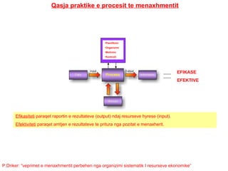 Qasja praktike e procesit te menaxhmentit P.Driker: “veprimet e menaxhmentit perbehen nga organizimi sistematik I resursev...