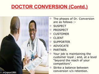 DOCTOR CONVERSION (Contd.)

                The phases of Dr. Conversion
                 are as follows :-
                SUSPECT
                PROSPECT
                CUSTOMER
                CLIENT
                SUPPORTER
                ADVOCATE
                PARTNER.
                Your job is maintaining the
                 customer loyal ; and, at a level
                 “beyond the reach of your
                 competitors”.
                Strike a balance between
                 conversion v/s retention.
 