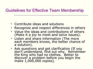 Guidelines for Effective Team Membership


     Contribute ideas and solutions
     Recognize and respect differences in others
     Value the ideas and contributions of others
      (Make it a joy to meet and solve issues).
     Listen and share information (The more
      each members knows, the better chance of
      a solution).
     Ask questions and get clarification (If you
      don’t understand, find out why. Remember
      the King who had no clothes. Better to
      discover a problem before you begin the
      make 1,000,000 copies).
 
