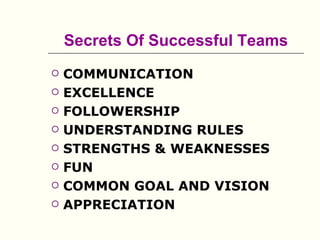 Secrets Of Successful Teams
   COMMUNICATION
   EXCELLENCE
   FOLLOWERSHIP
   UNDERSTANDING RULES
   STRENGTHS & WEAKNESSES
   FUN
   COMMON GOAL AND VISION
   APPRECIATION
 