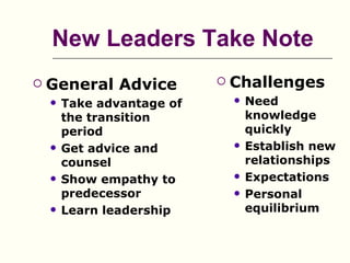 New Leaders Take Note
   General Advice             Challenges
       Take advantage of          Need
        the transition              knowledge
        period                      quickly
       Get advice and             Establish new
        counsel                     relationships
       Show empathy to            Expectations
        predecessor                Personal
       Learn leadership            equilibrium
 