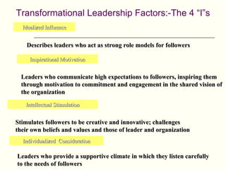 Transformational Leadership Factors:-The 4 “I”s
  Idealized Influence


    Describes leaders who act as strong role models for followers

     Inspirational Motivation


  Leaders who communicate high expectations to followers, inspiring them
  through motivation to commitment and engagement in the shared vision of
  the organization

   Intellectual Stimulation


Stimulates followers to be creative and innovative; challenges
their own beliefs and values and those of leader and organization
  Individualized Consideration

Leaders who provide a supportive climate in which they listen carefully
to the needs of followers
 