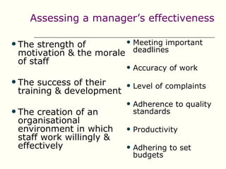 Assessing a manager’s effectiveness

                            Meeting important
   The strength of
    motivation & the morale deadlines
    of staff
                                Accuracy of work
   The success of their        Level of complaints
    training & development
                                Adherence to quality
   The creation of an           standards
    organisational
    environment in which        Productivity
    staff work willingly &
    effectively                 Adhering to set
                                 budgets
 