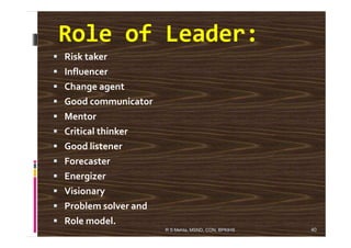 Role of Leader:
Risk taker
Influencer
Change agent
Good communicator
Mentor
Critical thinker
Good listener
Forecaster
Energizer
Visionary
Problem solver and
Role model.
40R S Mehta, MSND, CON, BPKIHS
 