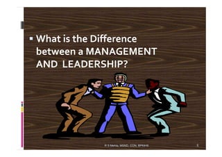 What is the Difference
between a MANAGEMENT
AND LEADERSHIP?
5R S Mehta, MSND, CON, BPKIHS
 