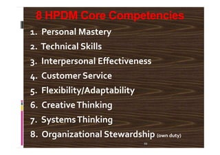 8 HPDM Core Competencies
1. Personal Mastery
2. Technical Skills
3. Interpersonal Effectiveness
4. Customer Service
59
4. Customer Service
5. Flexibility/Adaptability
6. CreativeThinking
7. SystemsThinking
8. Organizational Stewardship (own duty)
 