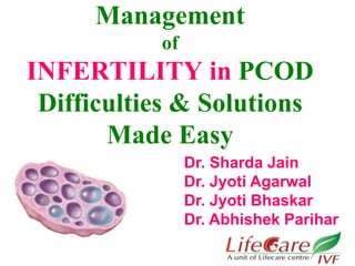 Management 
of 
INFERTILITY in PCOD 
Difficulties & Solutions 
Made Easy 
Dr. Sharda Jain 
Dr. Jyoti Agarwal 
Dr. Jyoti Bhaskar 
Dr. Abhishek Parihar 
 
