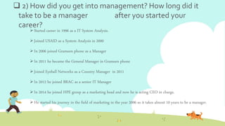  2) How did you get into management? How long did it
take to be a manager after you started your
career?
Started career ...