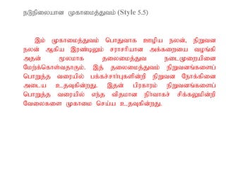 eLepiyahd Kfhikj;Jtk; (Style 5.5)
,k; Kfhikj;Jtk; nghJthf Copa eyd;> epWtd
eyd; Mfpa ,uz;bYk; ruhrhpahd mf;fiwia toq;fp
mjd; %ykhf jiyikj;Jt eilKiwapid
Nkw;f;nfhs;tjhFk;. ,j; jiyikj;Jtk; epWtdq;fisg;
nghWj;j tiuapy; gf;fr;rhh;Gfspd;wp epWtd Nehf;fpid
mila cjTfpd;wJ. ,jd; gpufhuk; epWtdq;fisg;
nghWj;j tiuapy; ve;j tpjkhd eph;thfr; rpf;fYkpd;wp
Ntiyfis Kfhik nra;a cjTfpd;wJ.
 