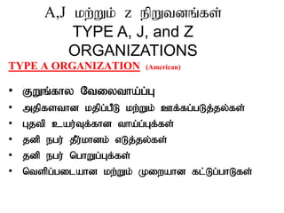 A,J kw;Wk;; z epWtdq;fs;
TYPE A, J, and Z
ORGANIZATIONS
TYPE A ORGANIZATION (American)
• FWq;fhy Ntiytha;g;G
• mjpfsthd kjpg;gPL kw;Wk; Cf;fg;gLj;jy;fs;
• Gjtp cau;Tf;fhd tha;g;Gf;fs;
• jdp egu; jPu;khdk; vLj;jy;fs;
• jdp egu; nghWg;Gf;fs;
• ntspg;gilahd kw;Wk; Kiwahd fl;Lg;ghLfs;
 