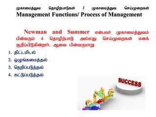 Kfhikj;Jt njhopw;ghLfs; / Kfhikj;Jt nra;Kiwfs;
Management Functions/ Process of Management
Newman and Summer vd;gth; Kfhikj;Jtk;
gpd;tUk; 4 njhopw;ghL my;yJ nra;Kiwfs; vdf;
Fwpg;gpLfpd;whh;. Mit gpd;tUkhW
1. jpl;lkply;
2. xOq;fikj;jy;
3. newpg;gLj;jy;
4. fl;Lg;gLj;jy;
 