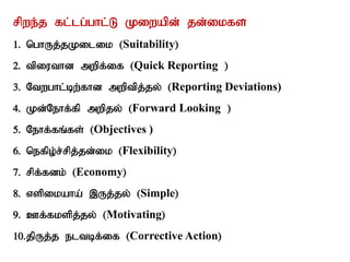 rpwe;j fl;lg;ghl;L Kiwapd; jd;ikfs;
1. nghUj;jKilik (Suitability)
2. tpiuthd mwpf;if (Quick Reporting )
3. Ntwghl;bw;fhd mwptpj;jy; (Reporting Deviations)
4. Kd;Nehf;fp mwpjy; (Forward Looking )
5. Nehf;fq;fs; (Objectives )
6. nefpo;r;rpj;jd;ik (Flexibility)
7. rpf;fdk; (Economy)
8. vspikaha; ,Uj;jy; (Simple)
9. Cf;fkspj;jy; (Motivating)
10.jpUj;j eltbf;if (Corrective Action)
 