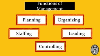 Functions of
Management
Planning Organizing
Staffing Leading
Controlling
 