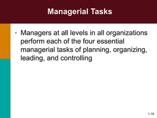 1-16
Managerial Tasks
• Managers at all levels in all organizations
perform each of the four essential
managerial tasks of planning, organizing,
leading, and controlling
 