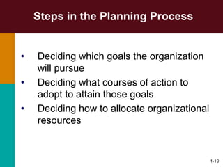 1-19
Steps in the Planning Process
• Deciding which goals the organization
will pursue
• Deciding what courses of action to
adopt to attain those goals
• Deciding how to allocate organizational
resources
 