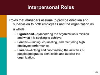 1-28
Interpersonal Roles
Roles that managers assume to provide direction and
supervision to both employees and the organization as
a whole.
– Figurehead—symbolizing the organization’s mission
and what it is seeking to achieve.
– Leader—training, counseling, and mentoring high
employee performance.
– Liaison—linking and coordinating the activities of
people and groups both inside and outside the
organization.
 