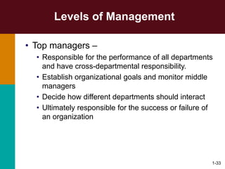 1-33
Levels of Management
• Top managers –
• Responsible for the performance of all departments
and have cross-departmental responsibility.
• Establish organizational goals and monitor middle
managers
• Decide how different departments should interact
• Ultimately responsible for the success or failure of
an organization
 