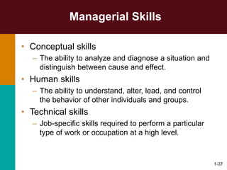 1-37
Managerial Skills
• Conceptual skills
– The ability to analyze and diagnose a situation and
distinguish between cause and effect.
• Human skills
– The ability to understand, alter, lead, and control
the behavior of other individuals and groups.
• Technical skills
– Job-specific skills required to perform a particular
type of work or occupation at a high level.
 