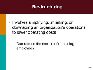 1-40
Restructuring
• Involves simplifying, shrinking, or
downsizing an organization’s operations
to lower operating costs
– Can reduce the morale of remaining
employees
 