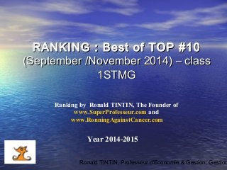 Ronald TINTIN, Professeur d'Economie & Gestion, Gestion
Ranking by Ronald TINTIN, The Founder of
www.SuperProfesseur.com and
www.RonningAgainstCancer.com
Year 2014-2015
RANKING : Best of TOP #10RANKING : Best of TOP #10
(September /November 2014) – class(September /November 2014) – class
1STMG1STMG
 