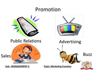 Promotion
BuzzSales
AdvertisingPublic Relations
Sub: MANAGEMENT-2 Topic: Marketing Function
 