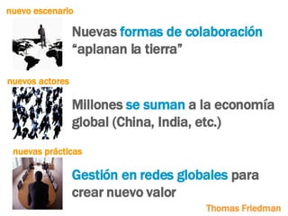 Nuevas  formas de colaboración  “aplanan la tierra”  nuevo escenario   Millones  se suman  a la economía global (China, India, etc.) nuevos actores   nuevas prácticas   Gestión en redes globales  para crear nuevo valor Thomas Friedman 
