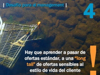 |   Desafío para el management   |  4 Hay que aprender a pasar de ofertas estándar, a una  “long tail”  de ofertas sensibles al estilo de vida del cliente ! 