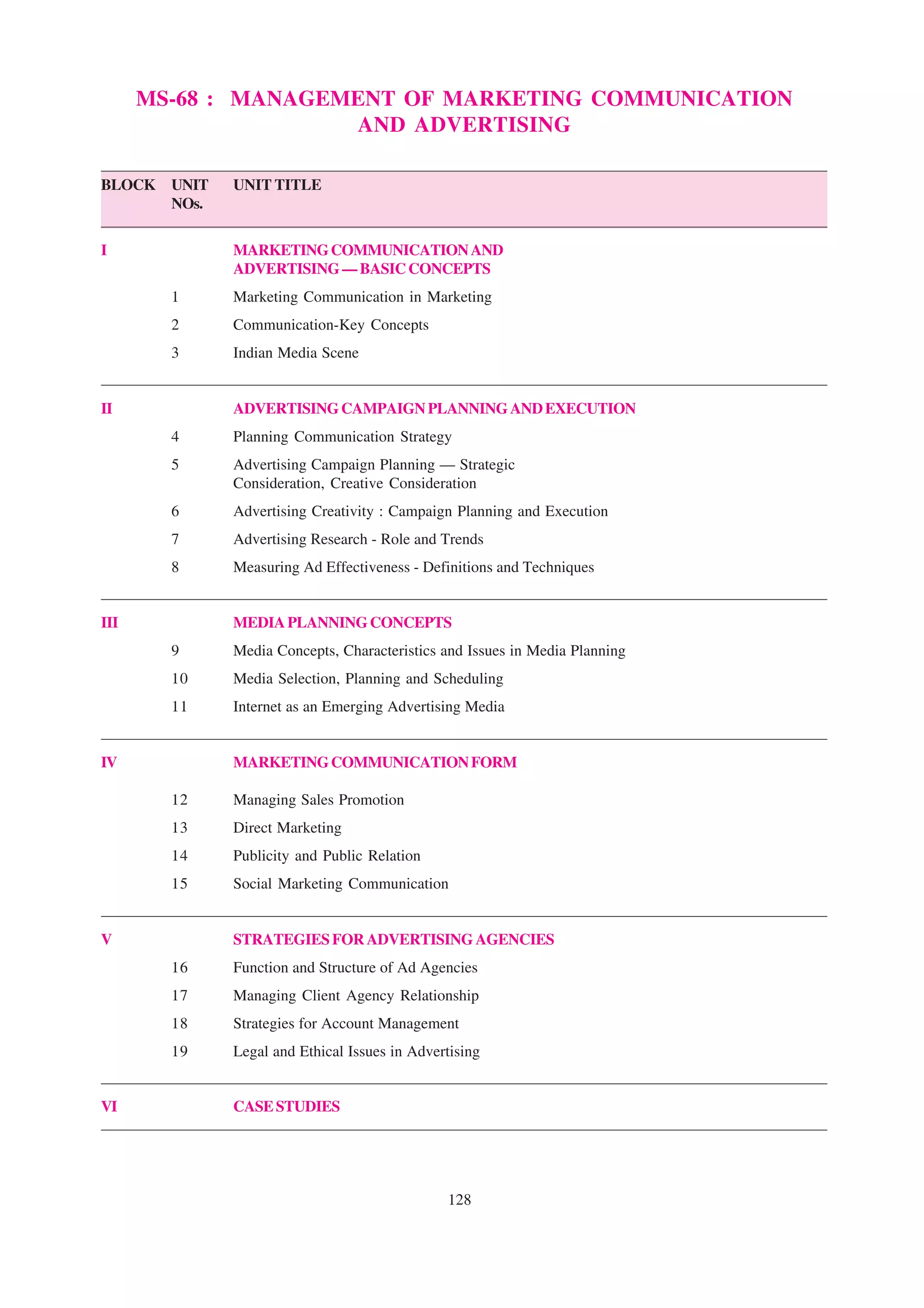 MS-68 : MANAGEMENT OF MARKETING COMMUNICATION
                     AND ADVERTISING

BLOCK   UNIT   UNIT TITLE
        NOs.


I              MARKETING COMMUNICATION AND
               ADVERTISING — BASIC CONCEPTS
        1      Marketing Communication in Marketing
        2      Communication-Key Concepts
        3      Indian Media Scene


II             ADVERTISING CAMPAIGN PLANNING AND EXECUTION
        4      Planning Communication Strategy
        5      Advertising Campaign Planning — Strategic
               Consideration, Creative Consideration
        6      Advertising Creativity : Campaign Planning and Execution
        7      Advertising Research - Role and Trends
        8      Measuring Ad Effectiveness - Definitions and Techniques


III            MEDIA PLANNING CONCEPTS
        9      Media Concepts, Characteristics and Issues in Media Planning
        10     Media Selection, Planning and Scheduling
        11     Internet as an Emerging Advertising Media


IV             MARKETING COMMUNICATION FORM

        12     Managing Sales Promotion
        13     Direct Marketing
        14     Publicity and Public Relation
        15     Social Marketing Communication


V              STRATEGIES FOR ADVERTISING AGENCIES
        16     Function and Structure of Ad Agencies
        17     Managing Client Agency Relationship
        18     Strategies for Account Management
        19     Legal and Ethical Issues in Advertising


VI             CASE STUDIES




                                                128
 
