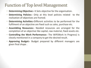 Function of Top level Management
• Determining Objective:- It Sets objective for the organisation.
• Determining Policies:- Only at this level policies related to the
realization of objectives are framed.
• Determining Activities:-Different activities to be performed for the
fulfilment of an objective are fixed such as sales, purchase etc.
• Assembling Resources:- Needed resources are arranged for the
completion of an objective like capital, raw material, fixed assets etc.
• Controlling the Work Performance:- The WIP(Work In Progress) is
closely mentioned in a company to get the desired result.
• Approving Budget:- Budget prepared by different managers are
given final shape .
 