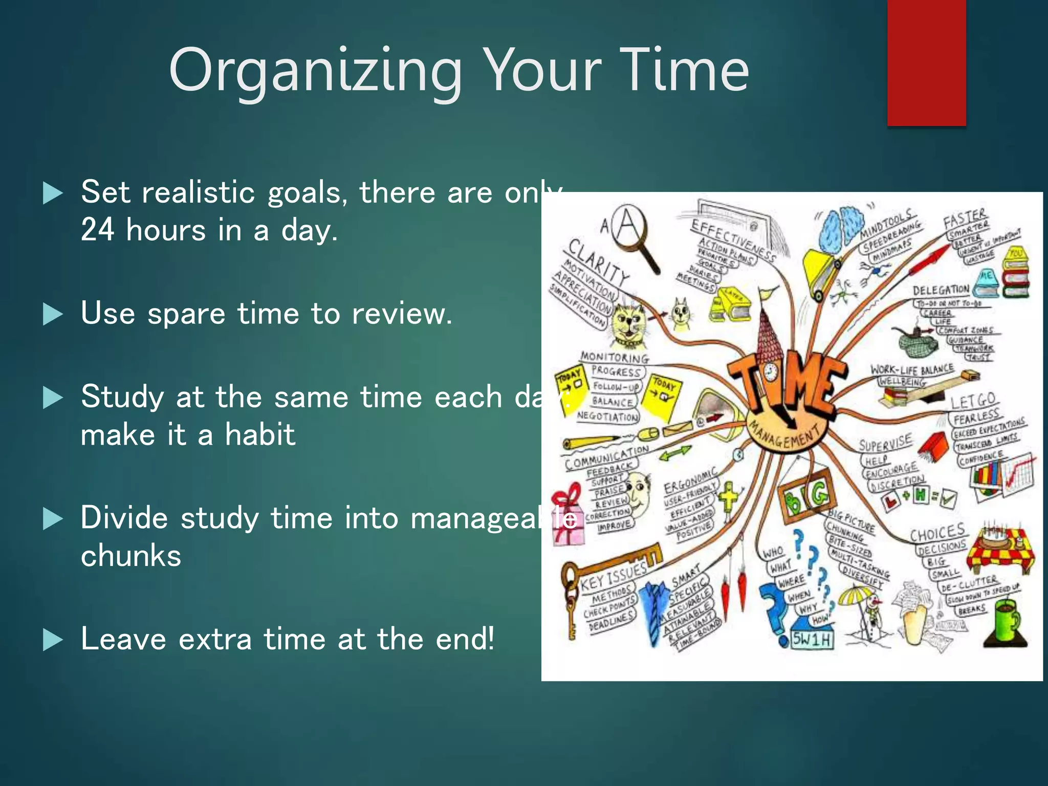 Organizing Your Time
 Set realistic goals, there are only
24 hours in a day.
 Use spare time to review.
 Study at the same time each day:
make it a habit
 Divide study time into manageable
chunks
 Leave extra time at the end!
 