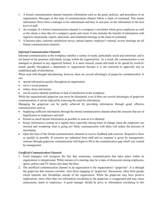 1. A formal communication channel transmits information such as the goals, policies, and procedures of an
organization. Messages in this type of communication channel follow a chain of command. This means
information flows from a manager to his subordinates and they in turn pass on the information to the next
level of staff.
2. An example of a formal communication channel is a company‘s newsletter which gives employees as well
as the clients a clear idea of a company‘s goals and vision. It also includes the transfer of information with
regard to memoranda, reports, directions, and scheduled meetings in the chain of command.
3. A business plan, customer satisfaction survey, annual reports, employer‘s manual, review meetings are all
formal communication channels.
Informal Communication Channels
Informal communication in the workplace satisfies a variety of needs, particularly social and emotional, and is
not based on the positions individuals occupy within the organizations. As a result, the communication is not
managed or planned in any organized fashion. It is more relaxed, casual and tends to be spread by word-of-
mouth quickly throughout a department or organization because it is not restricted to approvals and an
established path of distribution.
When used with thought and planning, however, there are several advantages of grapevine communication. It
can
spread information quickly throughout an organization
serve a social purpose
reduce stress and anxiety
can be used to identify problems or lack of satisfaction in the workplace
While the organizational grapevine can never be eliminated, even if there are several advantages of grapevine
communication, it can be reduced by removing the need for information.
Managing the grapevine can be partly achieved by providing information through good, effective
communication such as:
Supplying sufficient information through the formal communication channel about the concerns that are of
Significance to employees and staff
Present as much factual information as possible as soon as it is obtained
Keeps information coming on a regular basis especially during times of change when the employees are
stressed and wondering what is going on? Daily communication with them will reduce the pressure of
uncertainty.
Open the lines of the formal communication channels to receive feedback and concerns. Respond to these
as quickly as possible. If concerns are submitted from staff and no response is given by management,
rumours through grapevine communication will begin to fill in the communication gap which was created
by management.
Unofficial Communication Channels
1. Good managers will recognize the fact that sometimes, communication that takes place within an
organization is interpersonal. While minutes of a meeting may be a topic of discussion among employees,
sports, politics and TV shows also share the floor.
2. The unofficial communication channel in an organization is the organization‘s ―grapevine‖. It is through
the grapevine that rumours circulate. Also those engaging in ―grapevine‖ discussions, often form groups
which translate into friendships outside of the organization. While the grapevine may have positive
implications, more often than not information circulating in the grapevine is exaggerated and may cause
unnecessary alarm to employees. A good manager should be privy to information circulating in this
 