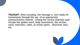 TRANSMIT- After encoding, the message is now ready for
transmission through the use of an appropriate
communication channel. Among the various channels used
include the spoken word, body movements, the written
word, television, radio, an artist's paint, electronic mail,
etc.
6
 