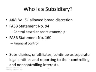 © Pearson Education, Inc.
publishing as Prentice Hall
3-24
Who is a Subsidiary?
• ARB No. 51 allowed broad discretion
• FASB Statement No. 94
– Control based on share ownership
• FASB Statement No. 160
– Financial control
• Subsidiaries, or affiliates, continue as separate
legal entities and reporting to their controlling
and noncontrolling interests.
 