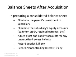 © Pearson Education, Inc.
publishing as Prentice Hall
3-31
Balance Sheets After Acquisition
In preparing a consolidated balance sheet
– Eliminate the parent's Investment in
Subsidiary
– Eliminate the subsidiary's equity accounts
(common stock, retained earnings, etc.)
– Adjust asset and liability accounts for any
unamortized excess balance
– Record goodwill, if any
– Record Noncontrolling Interest, if any
 