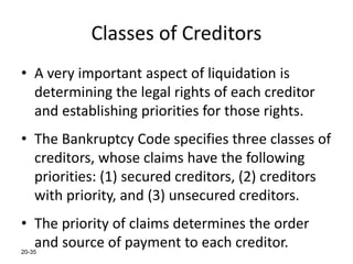 20-35
Classes of Creditors
• A very important aspect of liquidation is
determining the legal rights of each creditor
and establishing priorities for those rights.
• The Bankruptcy Code specifies three classes of
creditors, whose claims have the following
priorities: (1) secured creditors, (2) creditors
with priority, and (3) unsecured creditors.
• The priority of claims determines the order
and source of payment to each creditor.
 