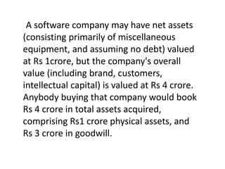 A software company may have net assets
(consisting primarily of miscellaneous
equipment, and assuming no debt) valued
at Rs 1crore, but the company's overall
value (including brand, customers,
intellectual capital) is valued at Rs 4 crore.
Anybody buying that company would book
Rs 4 crore in total assets acquired,
comprising Rs1 crore physical assets, and
Rs 3 crore in goodwill.
 