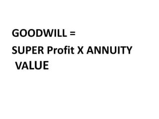 GOODWILL =
SUPER Profit X ANNUITY
VALUE
 