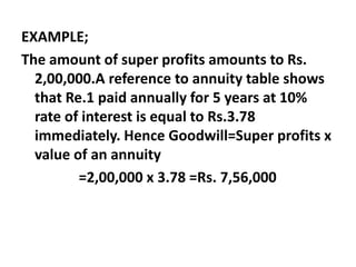 EXAMPLE;
The amount of super profits amounts to Rs.
2,00,000.A reference to annuity table shows
that Re.1 paid annually for 5 years at 10%
rate of interest is equal to Rs.3.78
immediately. Hence Goodwill=Super profits x
value of an annuity
=2,00,000 x 3.78 =Rs. 7,56,000
 