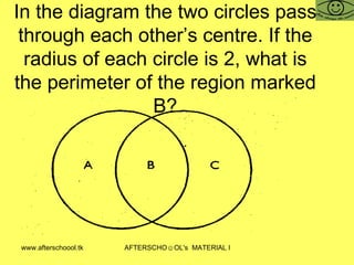 In the diagram the two circles pass through each other’s centre. If the radius of each circle is 2, what is the perimeter of the region marked B? 