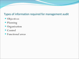 Types of information required for management audit Objectives Planning  Organisation Control Functional areas 