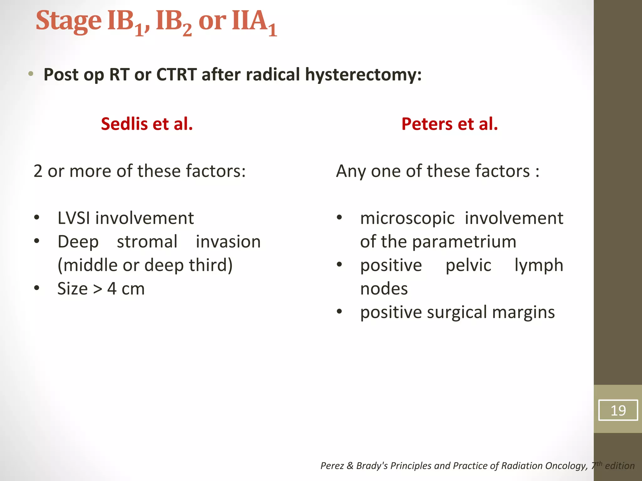 • Post op RT or CTRT after radical hysterectomy:
StageIB1, IB2 or IIA1
Perez & Brady's Principles and Practice of Radiation Oncology, 7th edition
Peters et al.
Any one of these factors :
• microscopic involvement
of the parametrium
• positive pelvic lymph
nodes
• positive surgical margins
Sedlis et al.
2 or more of these factors:
• LVSI involvement
• Deep stromal invasion
(middle or deep third)
• Size > 4 cm
19
 