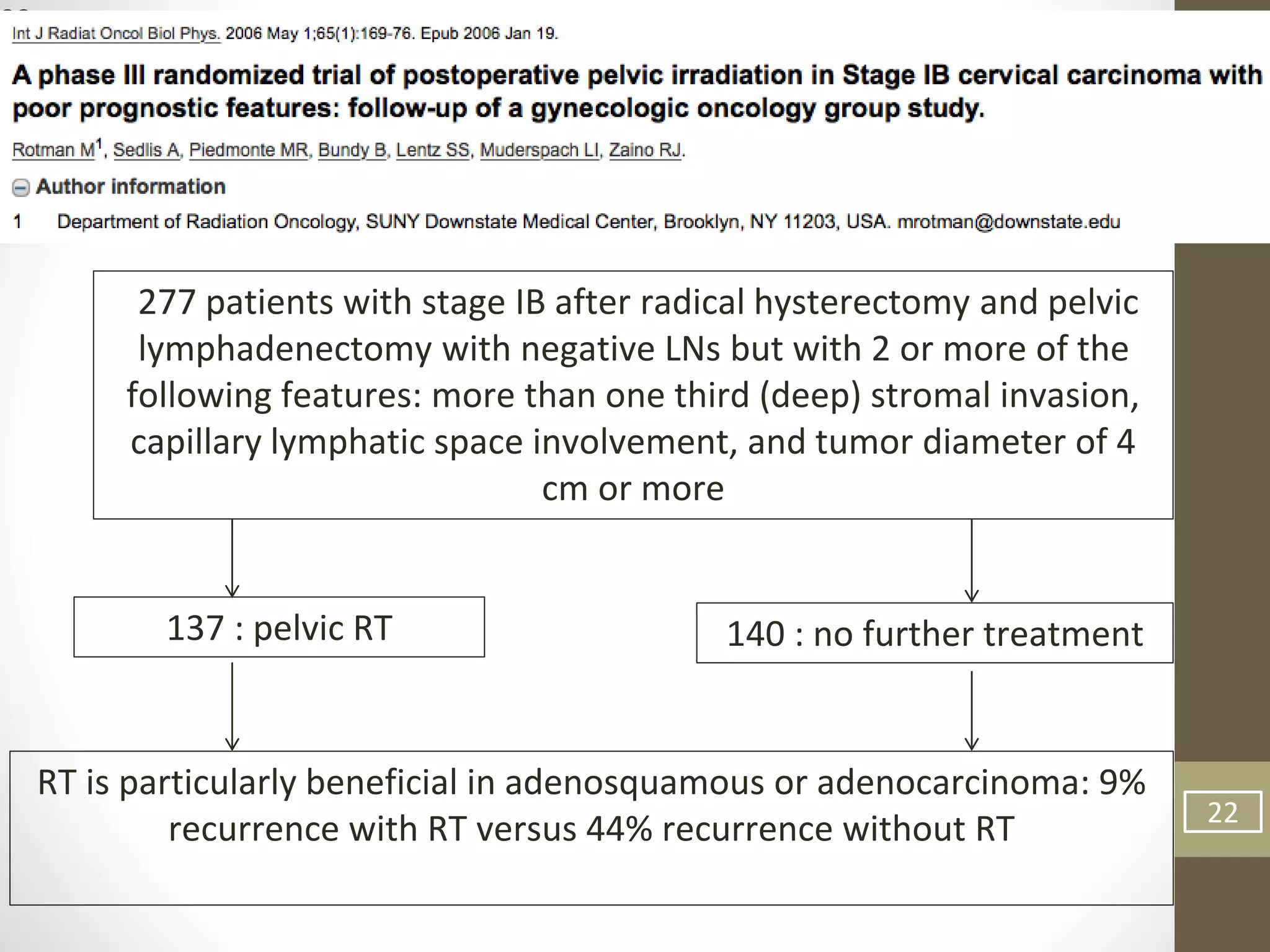 22
277 patients with stage IB after radical hysterectomy and pelvic
lymphadenectomy with negative LNs but with 2 or more of the
following features: more than one third (deep) stromal invasion,
capillary lymphatic space involvement, and tumor diameter of 4
cm or more
137 : pelvic RT 140 : no further treatment
RT is particularly beneficial in adenosquamous or adenocarcinoma: 9%
recurrence with RT versus 44% recurrence without RT 22
 